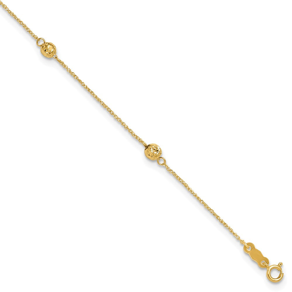 14k Diamond-cut Beads 5-Station 9 inch Plus 1 inch Bead Dangle Extender Total 10 inch Anklet