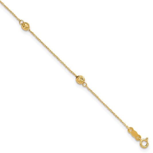 14k Diamond-cut Beads 5-Station 9 inch Plus 1 inch Bead Dangle Extender Total 10 inch Anklet