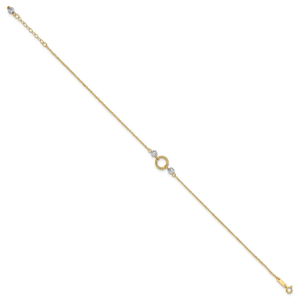 14k Two-tone Circle and Diamond-cut Beads 9 inch Plus 1 inch Bead Dangle Extender Total 10 inch Anklet