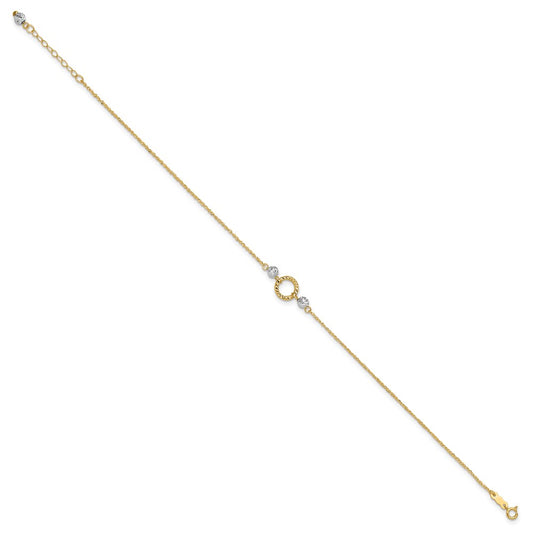 14k Two-tone Circle and Diamond-cut Beads 9 inch Plus 1 inch Bead Dangle Extender Total 10 inch Anklet