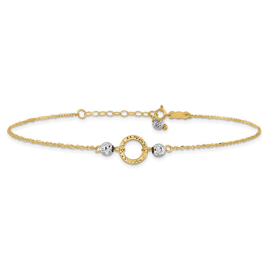 14k Two-tone Circle and Diamond-cut Beads 9 inch Plus 1 inch Bead Dangle Extender - Total 10 inch Anklet