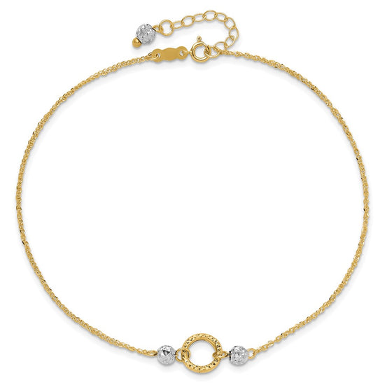 14k Two-tone Circle and Diamond-cut Beads 9 inch Plus 1 inch Bead Dangle Extender Total 10 inch Anklet