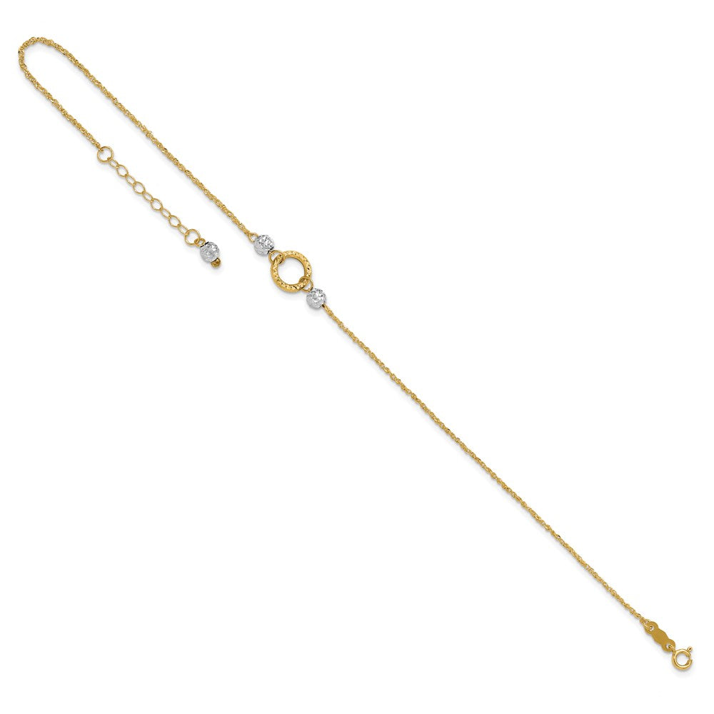 14k Two-tone Circle and Diamond-cut Beads 9 inch Plus 1 inch Bead Dangle Extender Total 10 inch Anklet