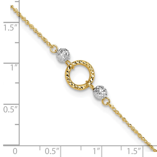 14k Two-tone Circle and Diamond-cut Beads 9 inch Plus 1 inch Bead Dangle Extender Total 10 inch Anklet