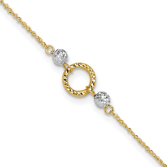 14k Two-tone Circle and Diamond-cut Beads 9 inch Plus 1 inch Bead Dangle Extender Total 10 inch Anklet