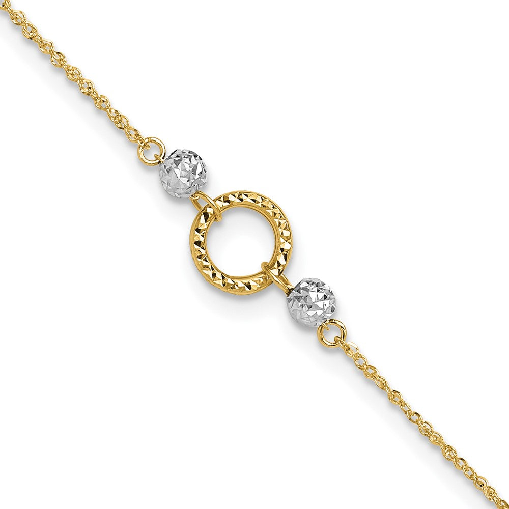 14k Two-tone Circle and Diamond-cut Beads 9 inch Plus 1 inch Bead Dangle Extender Total 10 inch Anklet