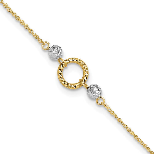 14k Two-tone Circle and Diamond-cut Beads 9 inch Plus 1 inch Bead Dangle Extender Total 10 inch Anklet