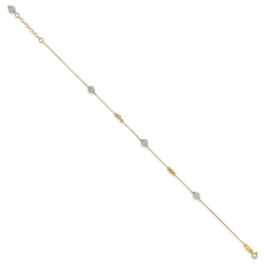 14k Two-tone Textured and Mirror Beads 5-Station 9 inch Plus 1 inch Bead Dangle Extender Total 10 inch Anklet