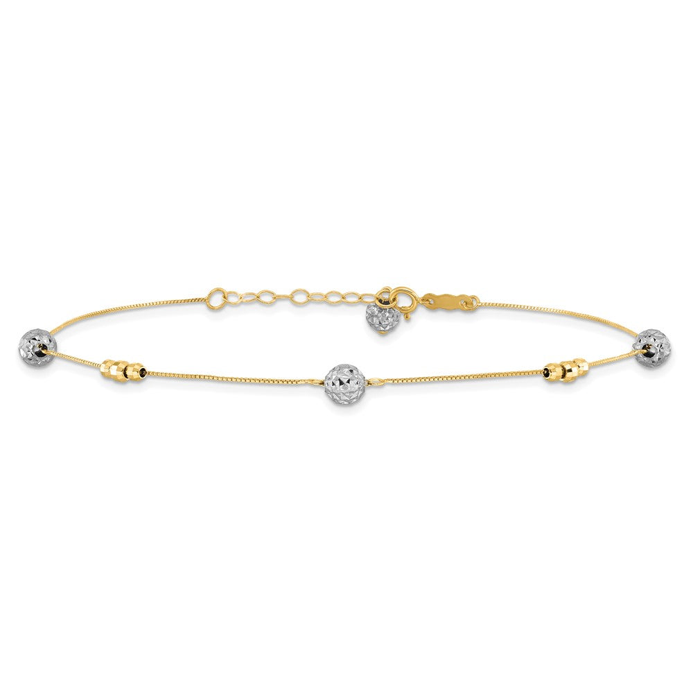 14k Two-tone Textured and Mirror Beads 5-Station 9 inch Plus 1 inch Bead Dangle Extender Total 10 inch Anklet