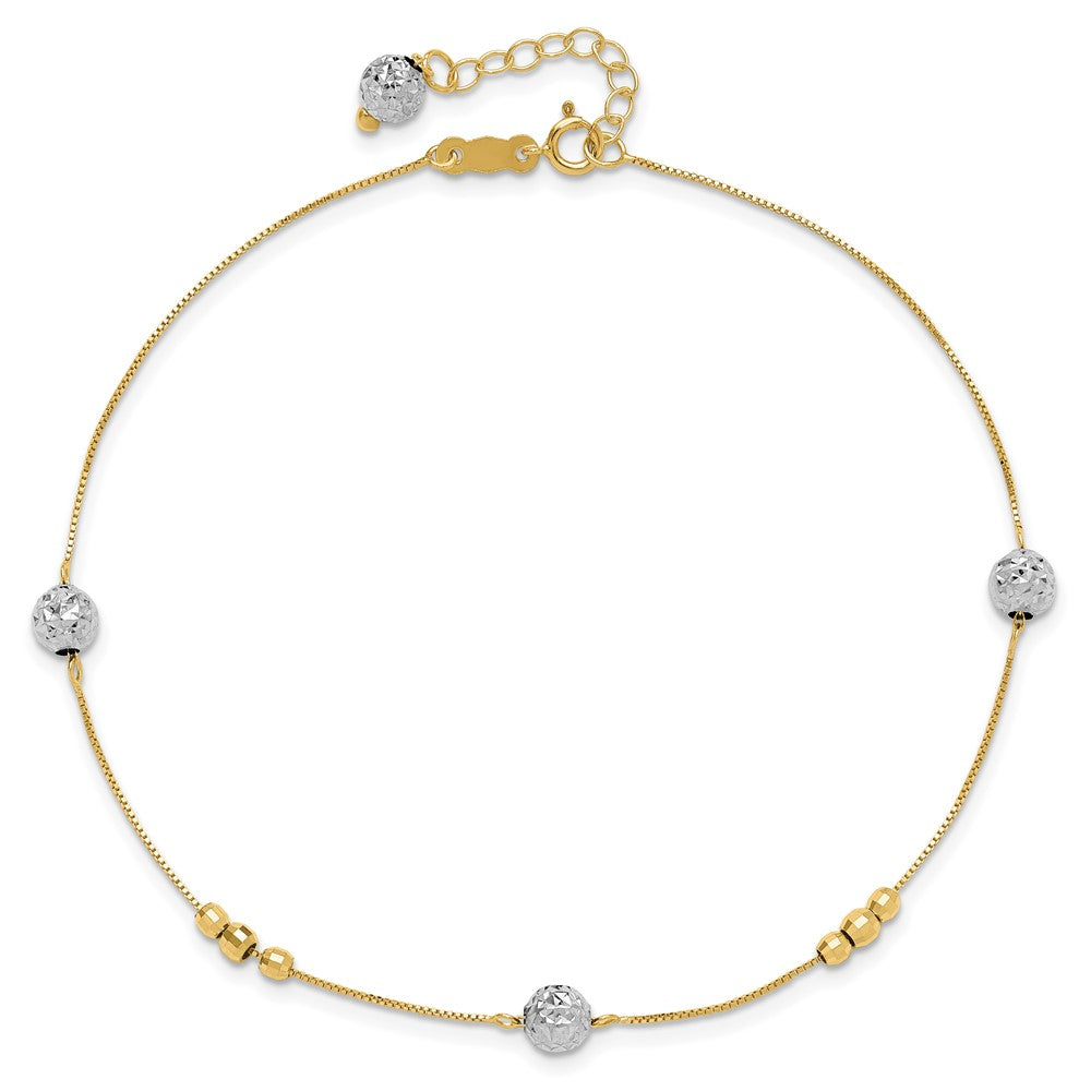 14k Two-tone Textured and Mirror Beads 5-Station 9 inch Plus 1 inch Bead Dangle Extender Total 10 inch Anklet