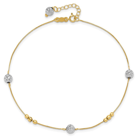 14k Two-tone Textured and Mirror Beads 5-Station 9 inch Plus 1 inch Bead Dangle Extender - Total 10 inch Anklet