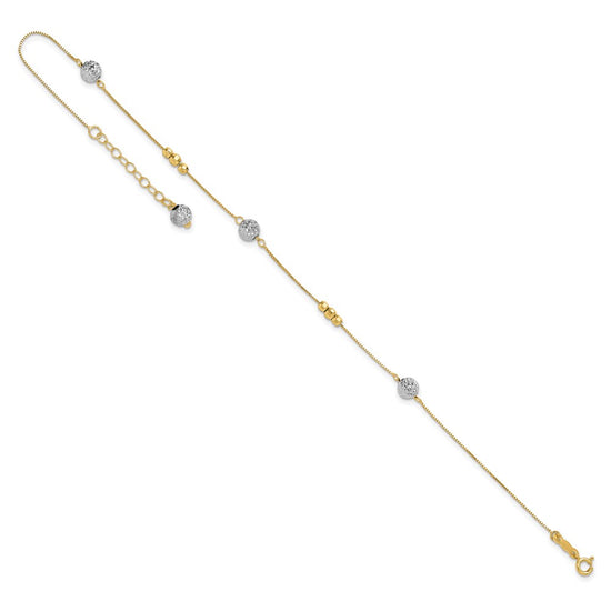 14k Two-tone Textured and Mirror Beads 5-Station 9 inch Plus 1 inch Bead Dangle Extender Total 10 inch Anklet