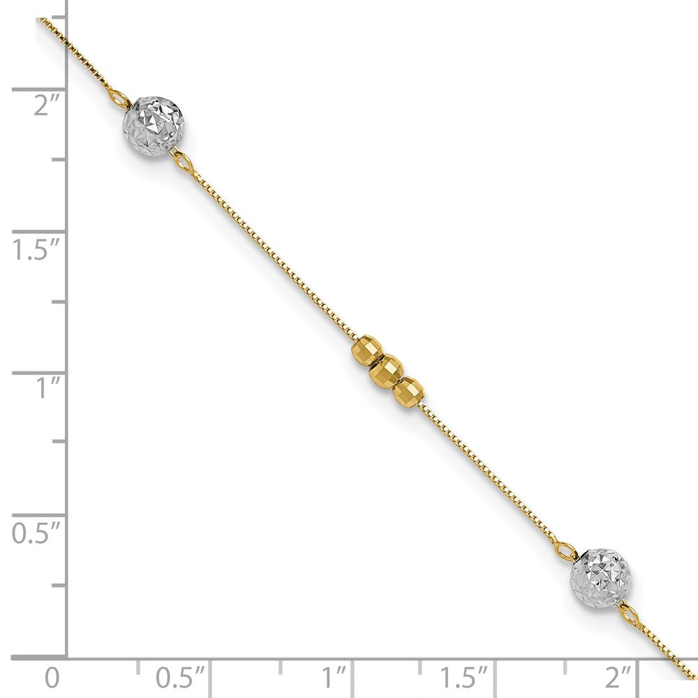 14k Two-tone Textured and Mirror Beads 5-Station 9 inch Plus 1 inch Bead Dangle Extender Total 10 inch Anklet