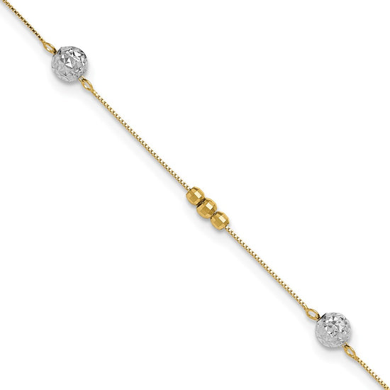 14k Two-tone Textured and Mirror Beads 5-Station 9 inch Plus 1 inch Bead Dangle Extender Total 10 inch Anklet