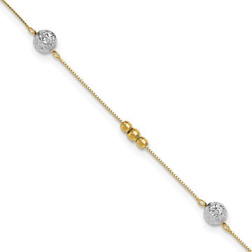 14k Two-tone Textured and Mirror Beads 5-Station 9 inch Plus 1 inch Bead Dangle Extender Total 10 inch Anklet