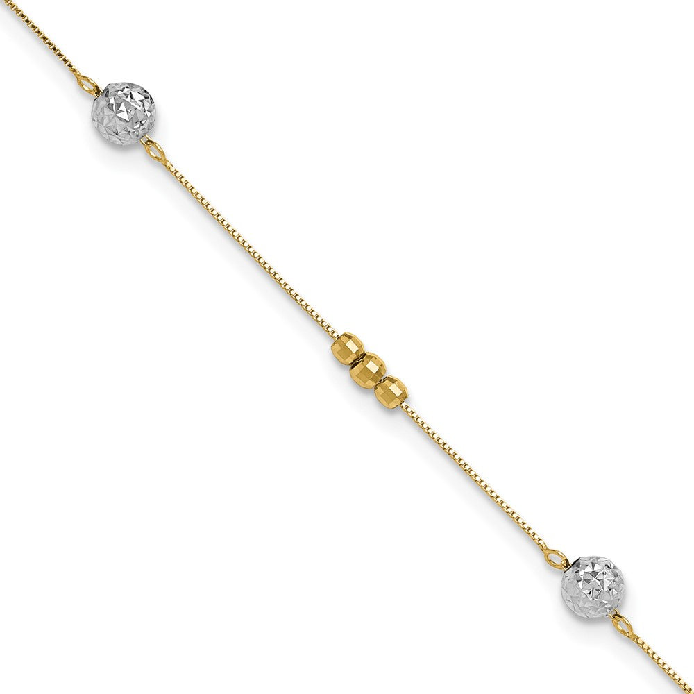 14k Two-tone Textured and Mirror Beads 5-Station 9 inch Plus 1 inch Bead Dangle Extender - Total 10 inch Anklet