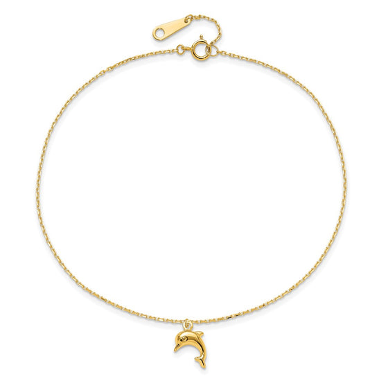 14k Dolphin Charm Dangle 9 inch Plus 1 inch Extender - Total 10 inch Anklet