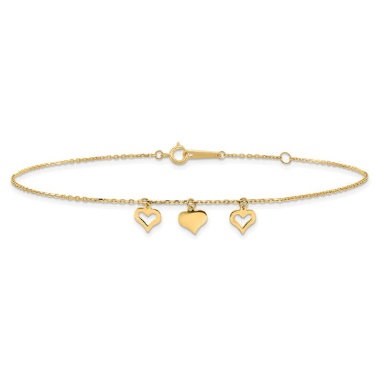 14k Three Heart Dangles 9 inch Plus 1 inch Extender - Total 10 inch Anklet