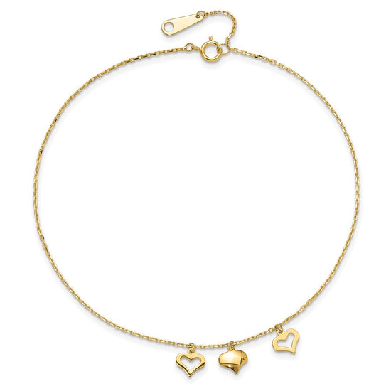 14k Three Heart Dangles 10 inch Plus 1 inch Extender - Total 11 inch Anklet