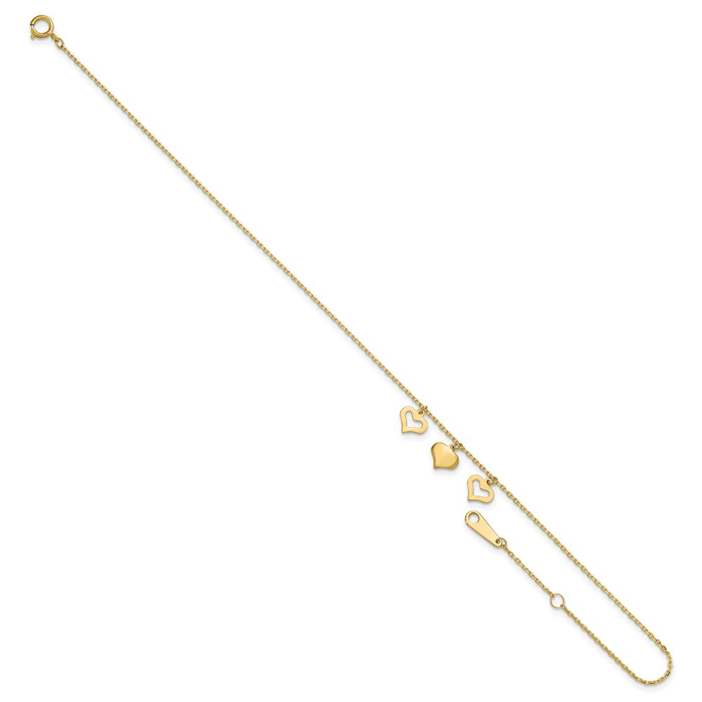 14k Three Heart Dangles 9 inch Plus 1 inch Extender - Total 10 inch Anklet