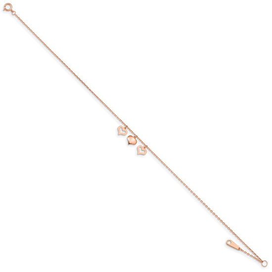 14k Rose Gold 3 Heart Dangles 9 inch Plus 1 inch Extender - Total 10 inch Anklet