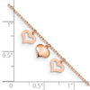 14k Rose Gold 3 Heart Dangles 9 inch Plus 1 inch Extender - Total 10 inch Anklet
