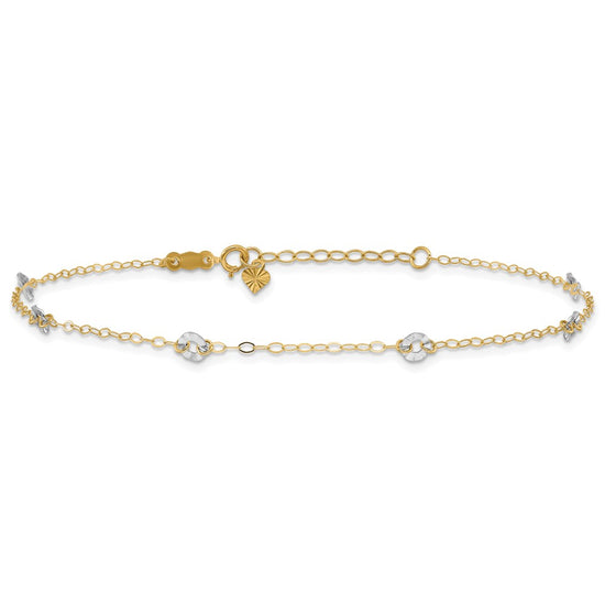 14K Two-tone Chain and Wavy Circles 6-Station 9 inch Plus 1 inch Extender Total 10 inch Anklet