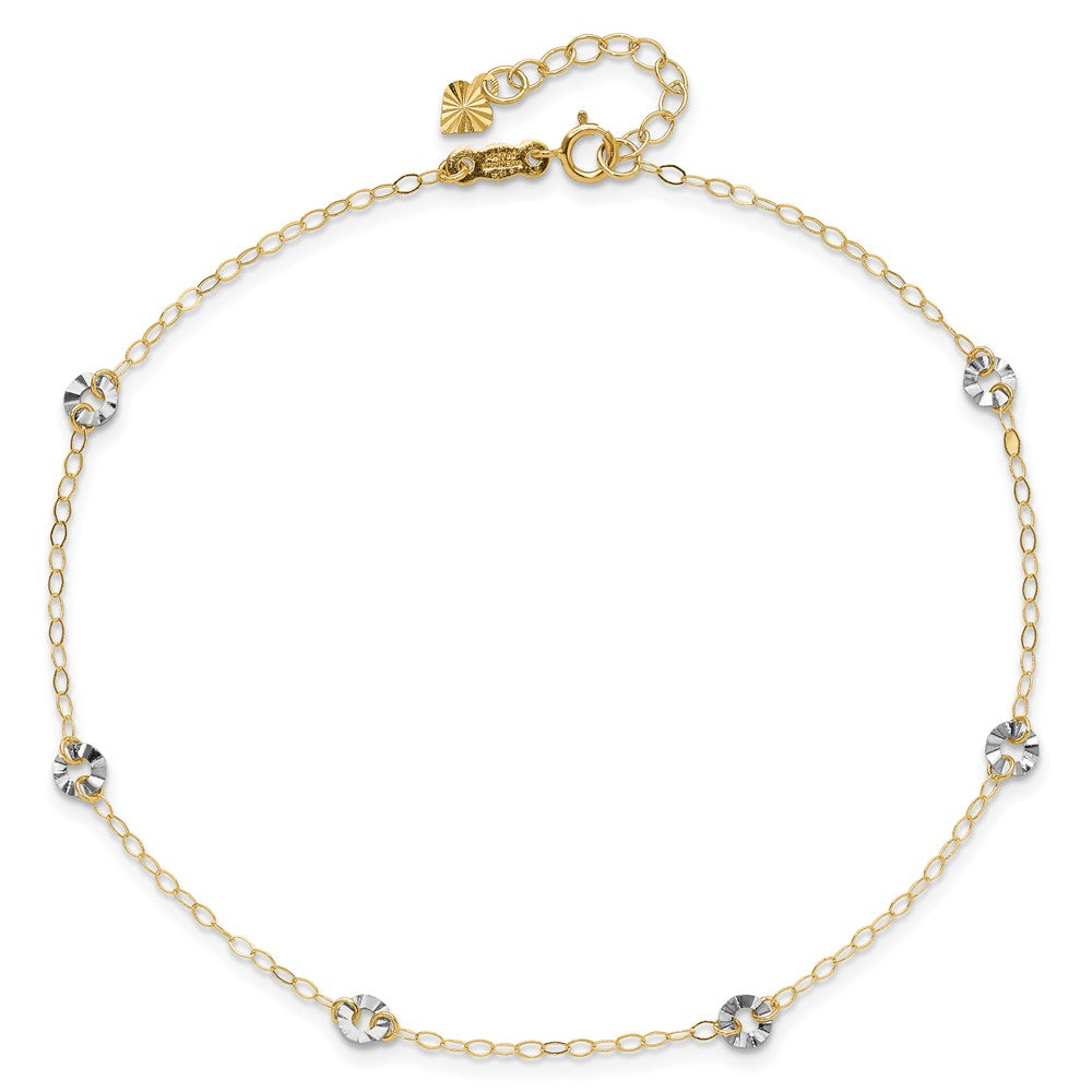14K Two-tone Chain and Wavy Circles 6-Station 9 inch Plus 1 inch Extender Total 10 inch Anklet