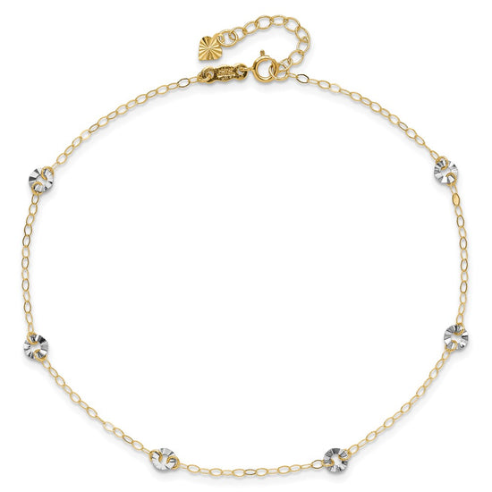 14K Two-tone Chain and Wavy Circles 6-Station 9 inch Plus 1 inch Extender - Total 10 inch Anklet