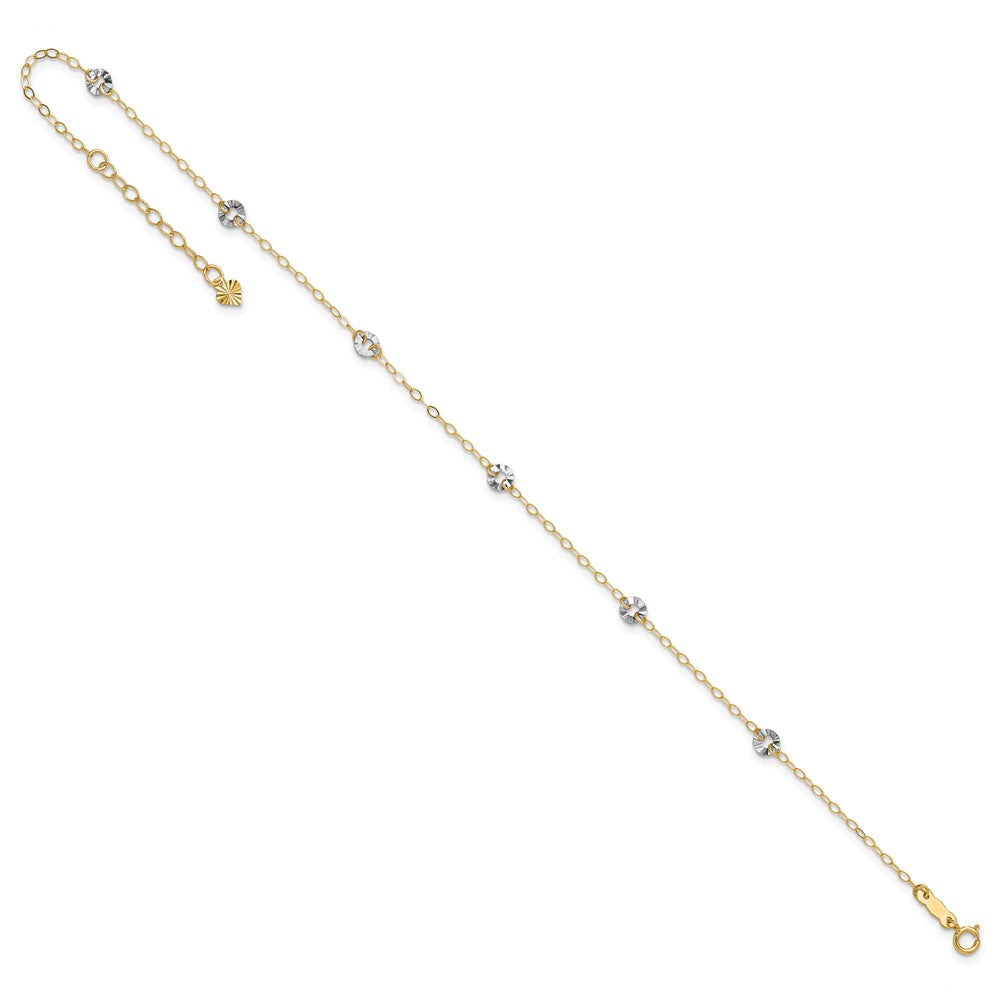 14K Two-tone Chain and Wavy Circles 6-Station 9 inch Plus 1 inch Extender Total 10 inch Anklet