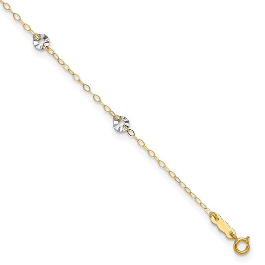 14K Two-tone Chain and Wavy Circles 6-Station 9 inch Plus 1 inch Extender Total 10 inch Anklet