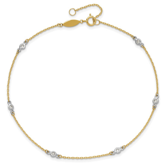 14k Two-tone Bezel-set CZ 6-Station 9 inch Plus 1 inch Extender - Total 10 inch Anklet