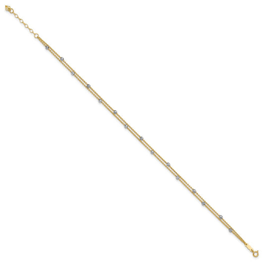 14K Two-tone 2-Strand Chain with Mirror Beads 9 inch Plus 1 inch Extender Total 10 inch Anklet