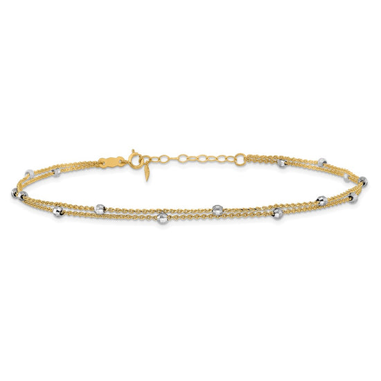 14K Two-tone 2-Strand Chain with Mirror Beads 9 inch Plus 1 inch Extender Total 10 inch Anklet