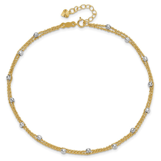 14K Two-tone 2-Strand Chain with Mirror Beads 9 inch Plus 1 inch Extender Total 10 inch Anklet