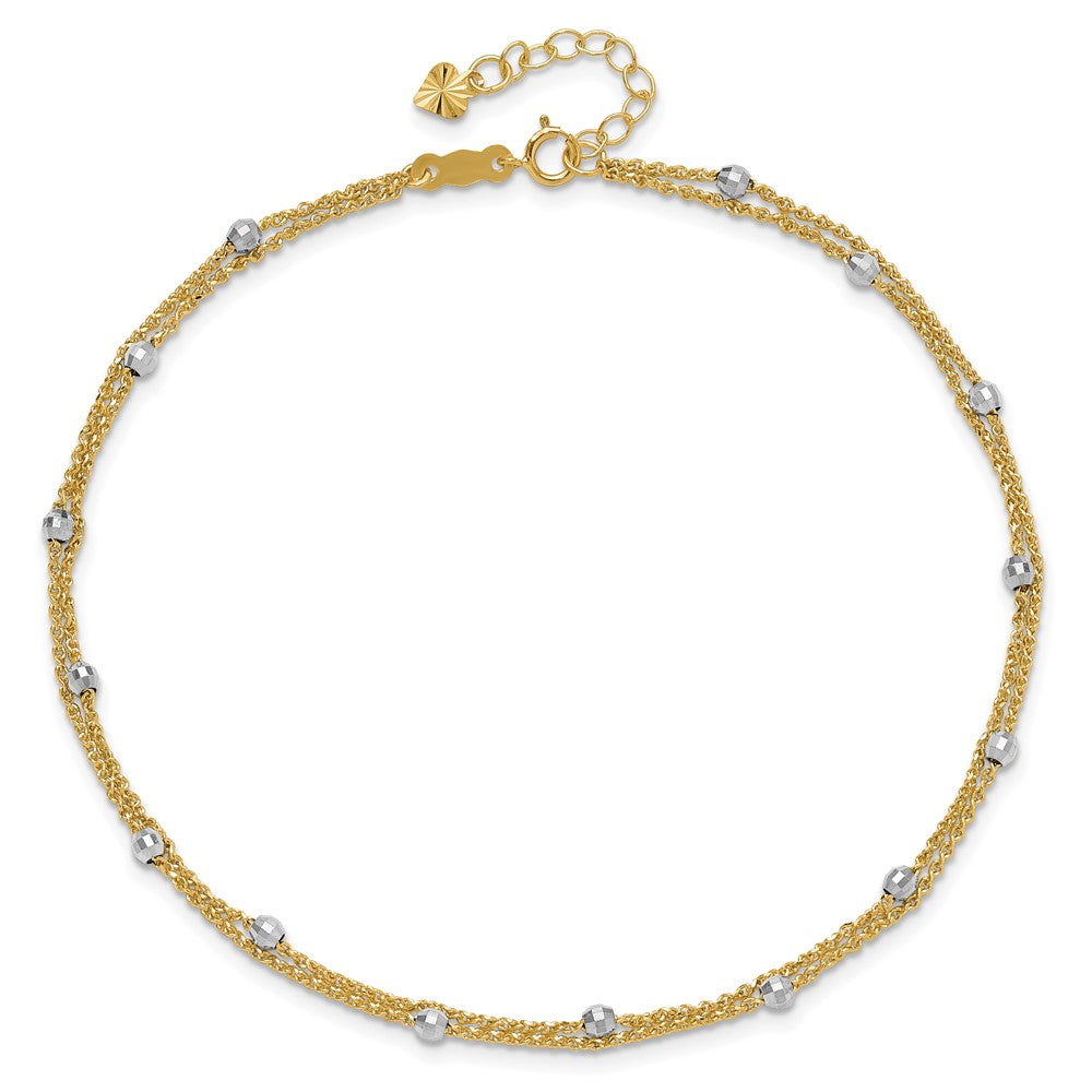 14K Two-tone 2-Strand Chain with Mirror Beads 9 inch Plus 1 inch Extender Total 10 inch Anklet
