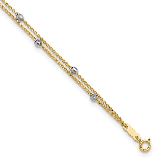 14K Two-tone 2-Strand Chain with Mirror Beads 9 inch Plus 1 inch Extender Total 10 inch Anklet