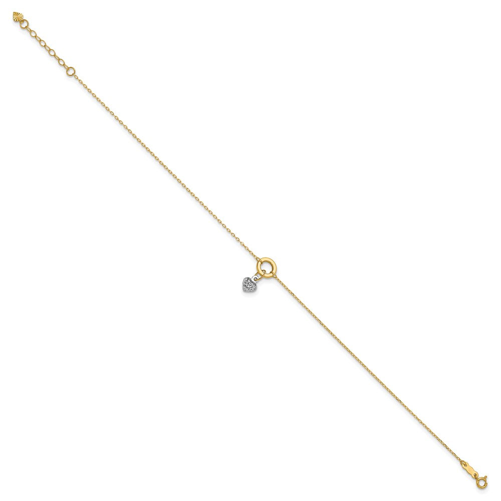 14K Two-tone Circle with Diamond-cut Puffed Heart Dangle 9 inch Plus 1 inch Extender Total 10 inch Anklet