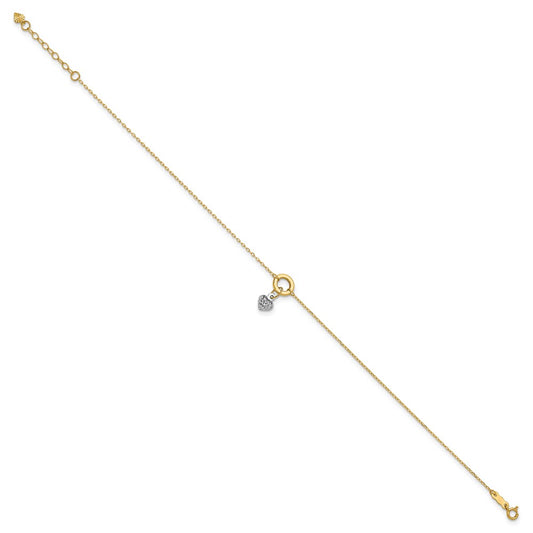 14K Two-tone Circle with Diamond-cut Puffed Heart Dangle 9 inch Plus 1 inch Extender Total 10 inch Anklet