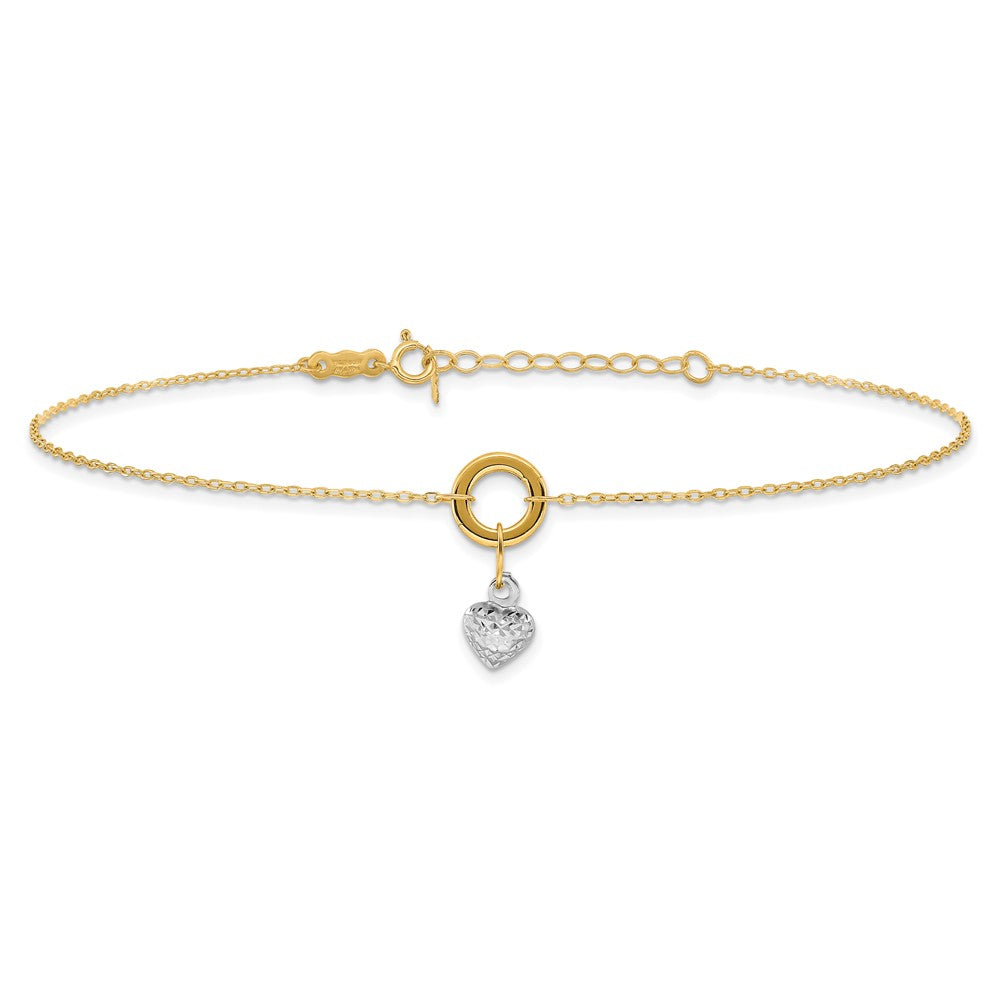 14K Two-tone Circle with Diamond-cut Puffed Heart Dangle 9 inch Plus 1 inch Extender Total 10 inch Anklet