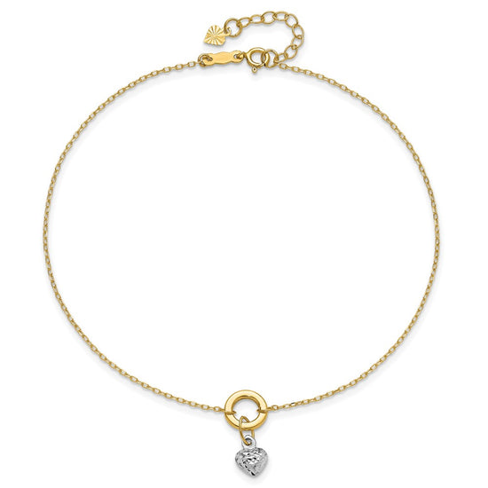 14K Two-tone Circle with Diamond-cut Puffed Heart Dangle 9 inch Plus 1 inch Extender Total 10 inch Anklet