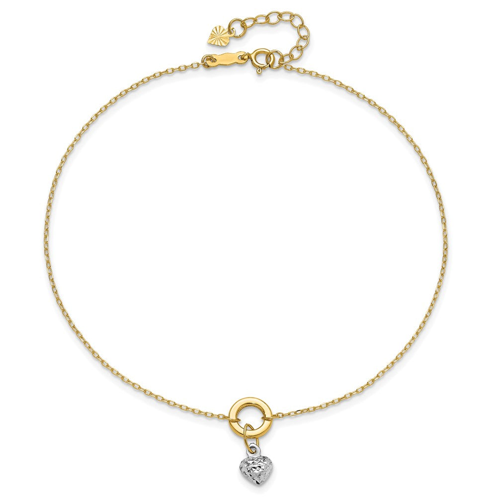 14K Two-tone Circle with Diamond-cut Puffed Heart Dangle 9 inch Plus 1 inch Extender Total 10 inch Anklet