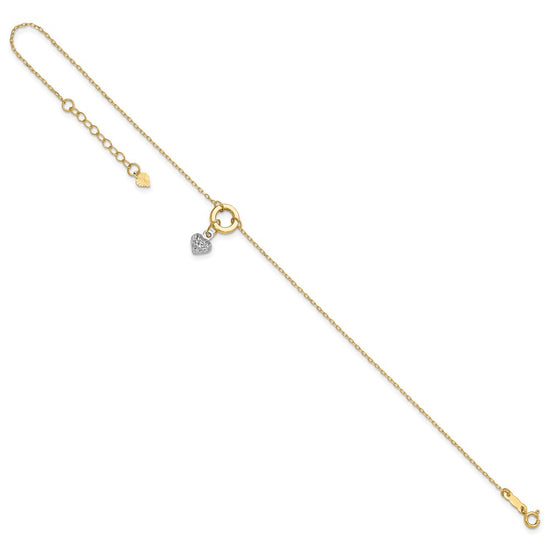 14K Two-tone Circle with Diamond-cut Puffed Heart Dangle 9 inch Plus 1 inch Extender Total 10 inch Anklet