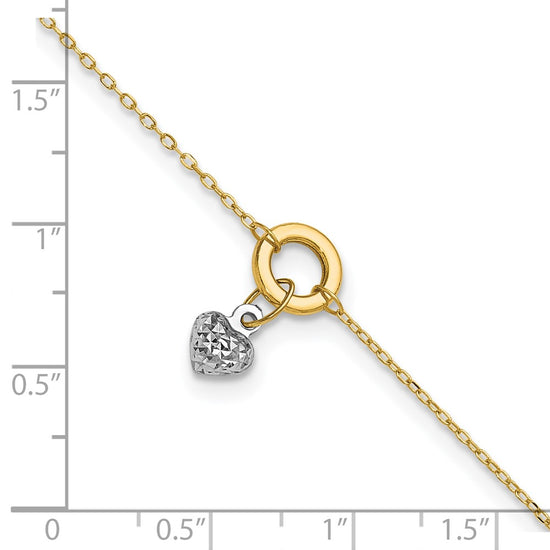 14K Two-tone Circle with Diamond-cut Puffed Heart Dangle 9 inch Plus 1 inch Extender Total 10 inch Anklet