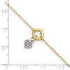 14K Two-tone Circle with Diamond-cut Puffed Heart Dangle 9 inch Plus 1 inch Extender Total 10 inch Anklet