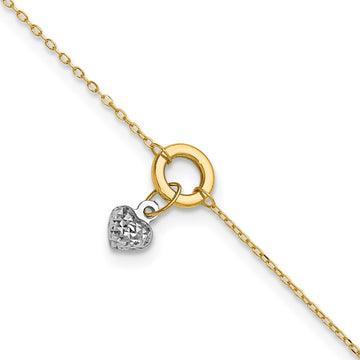14K Two-tone Circle with Diamond-cut Puffed Heart Dangle 9 inch Plus 1 inch Extender Total 10 inch Anklet