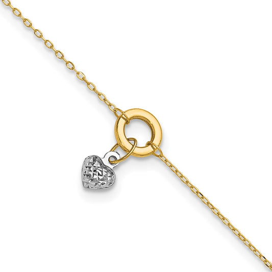 14K Two-tone Circle with Diamond-cut Puffed Heart Dangle 9 inch Plus 1 inch Extender Total 10 inch Anklet