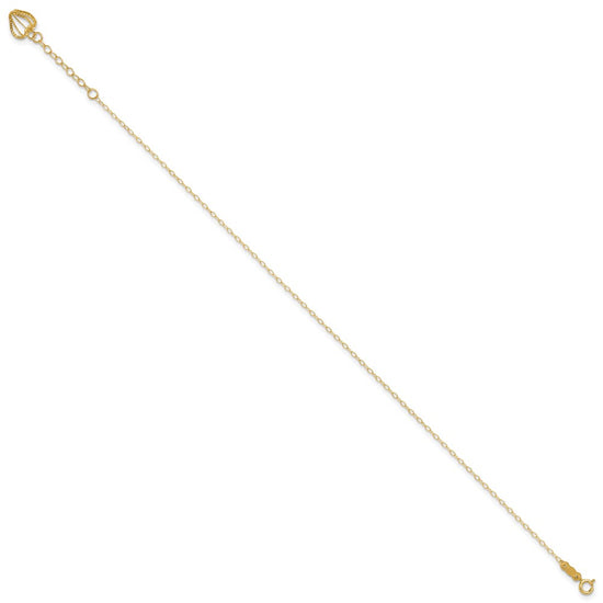 14K Cable Chain with Diamond-cut Heart Cage Dangle 10 inch Plus 1 inch Extender - Total 11 inch Anklet