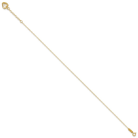 14K Cable Chain with Diamond-cut Heart Cage Dangle 10 inch Plus 1 inch Extender - Total 11 inch Anklet