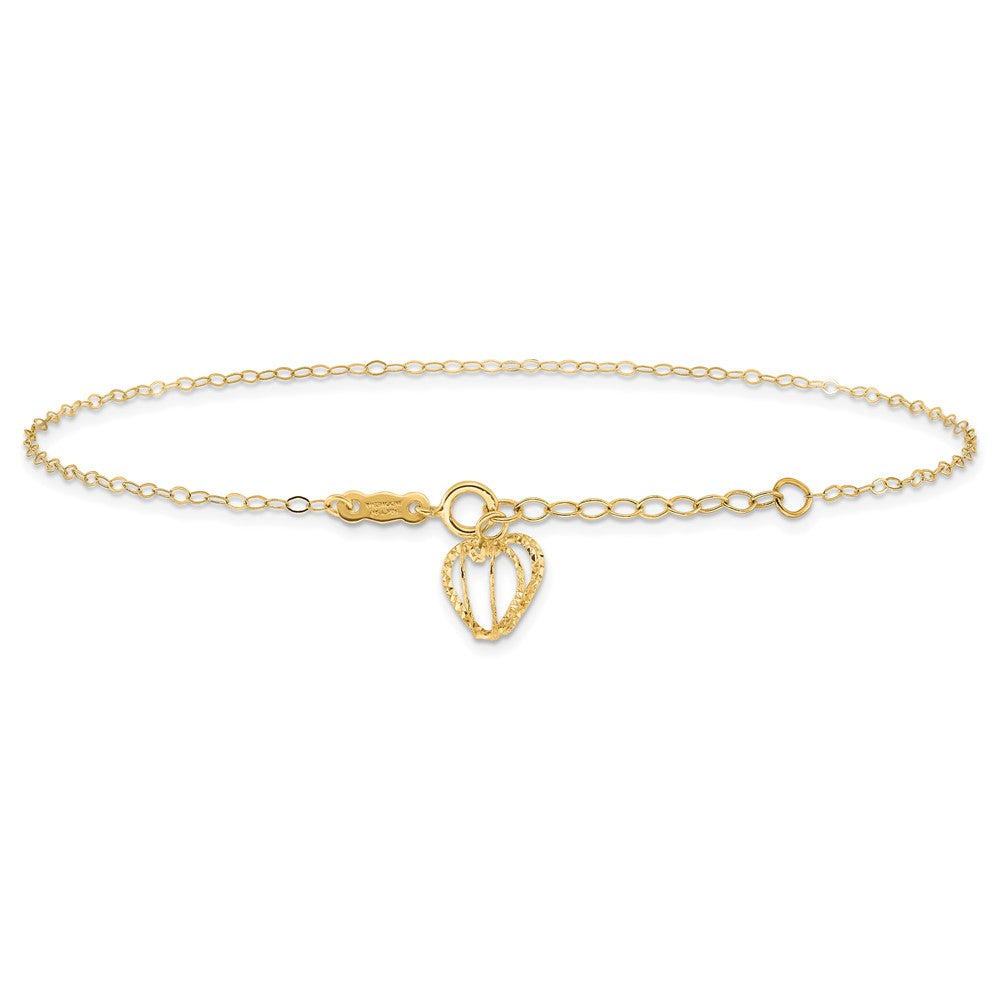 14K Cable Chain with Diamond-cut Heart Cage Dangle 10 inch Plus 1 inch Extender - Total 11 inch Anklet